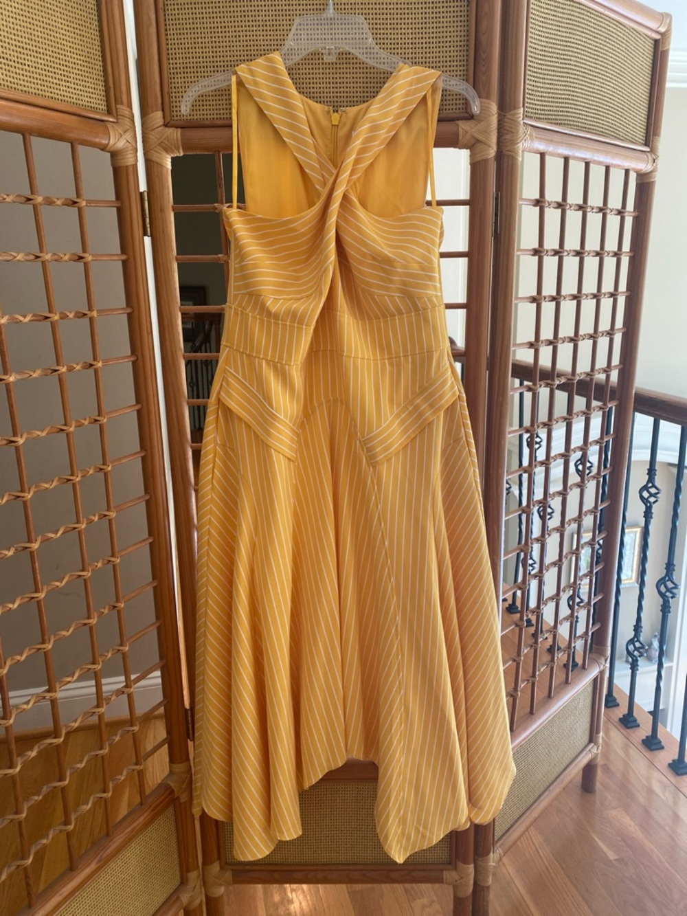 New York & Company Yellow Striped High-Low Fit Dress